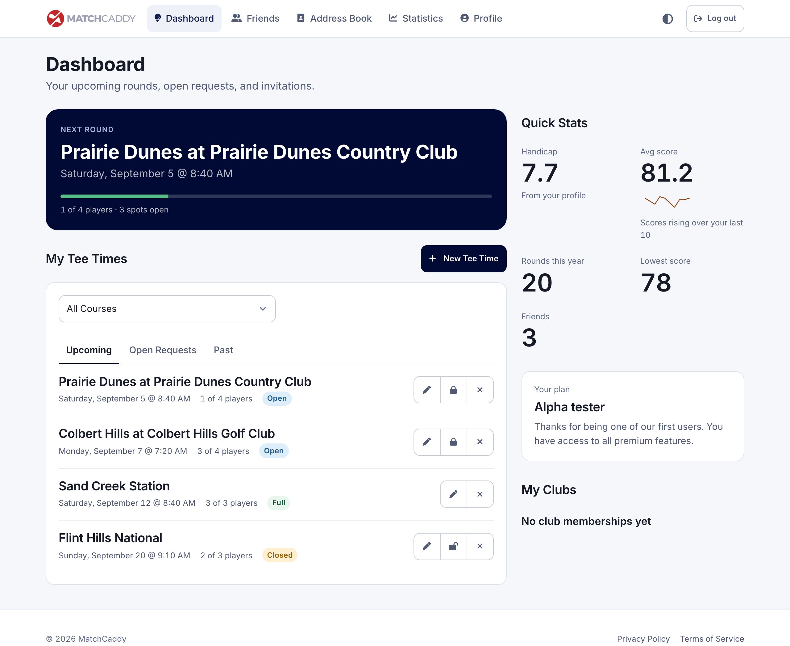 The MatchCaddy dashboard showing an upcoming round at the top with three of four places filled, and a list of further tee times below.